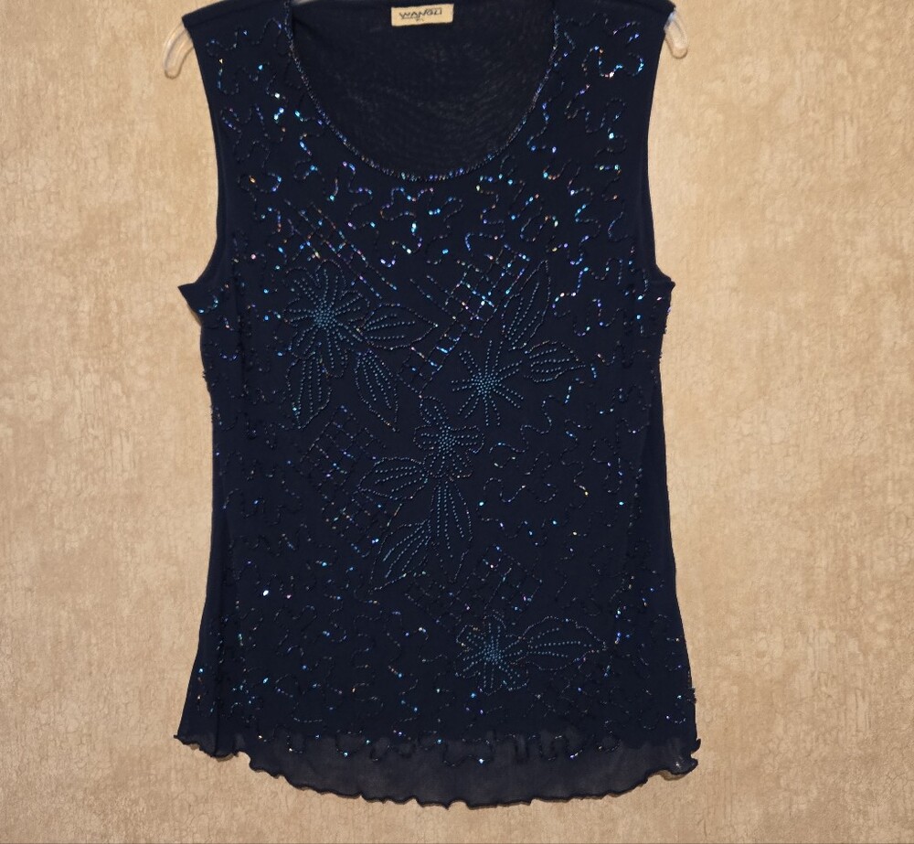 WANGLi Navy Beaded Floral Sleeveless Camisole